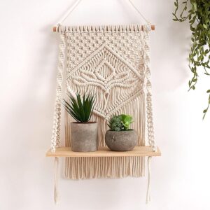 Macrame Indoor Wall Hanging Shelf Chic Decor Wood Floating Boho Shelves