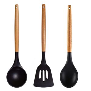 Wooden Spatula Set – Soup ladle – Cooking & Serving Spoon – Cake Baking Spatula – Turner Spatula (Set of 3, Black)